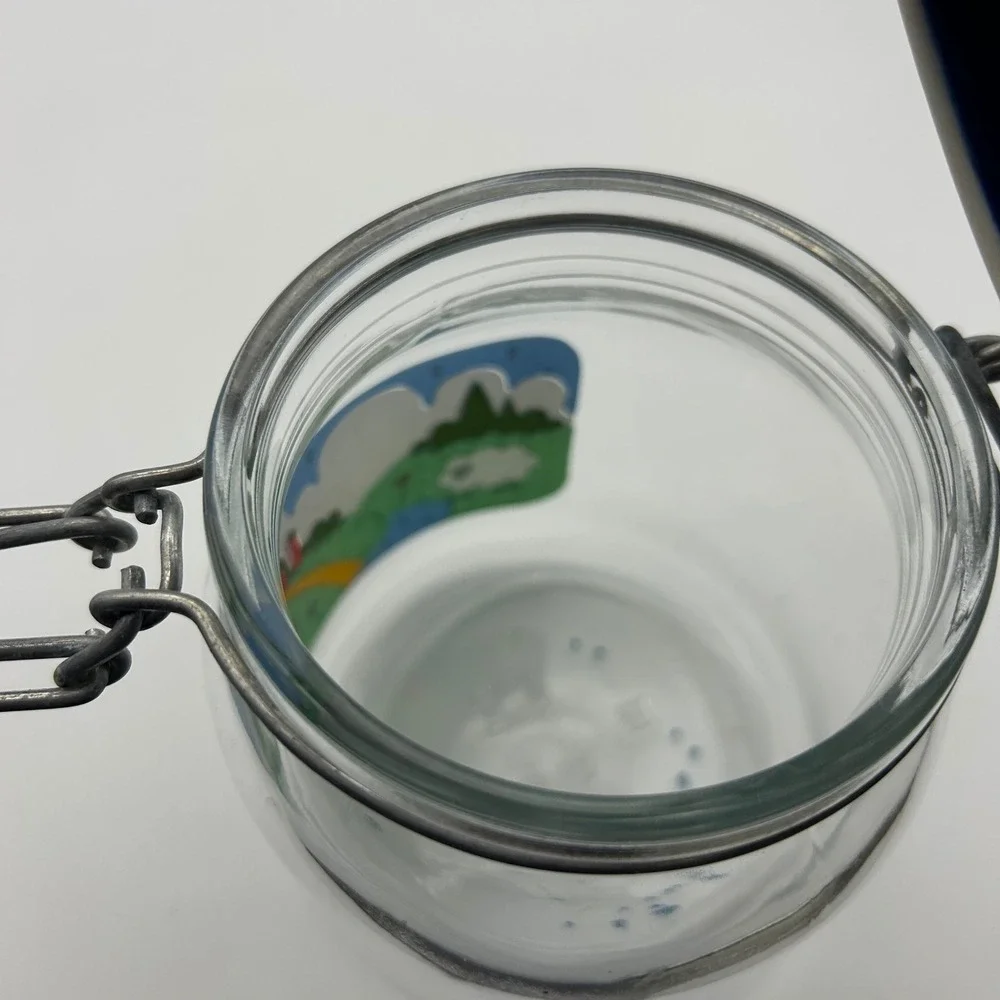 Vintage 1982 Nina Farm Scene Glass Jar Wire Bale Flip Top Lid Sheep Barn 7in‎